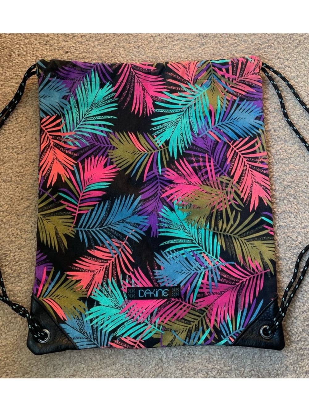 Dakine Black Tropical Leaf Drawstring Backpack with Multicolor Palms